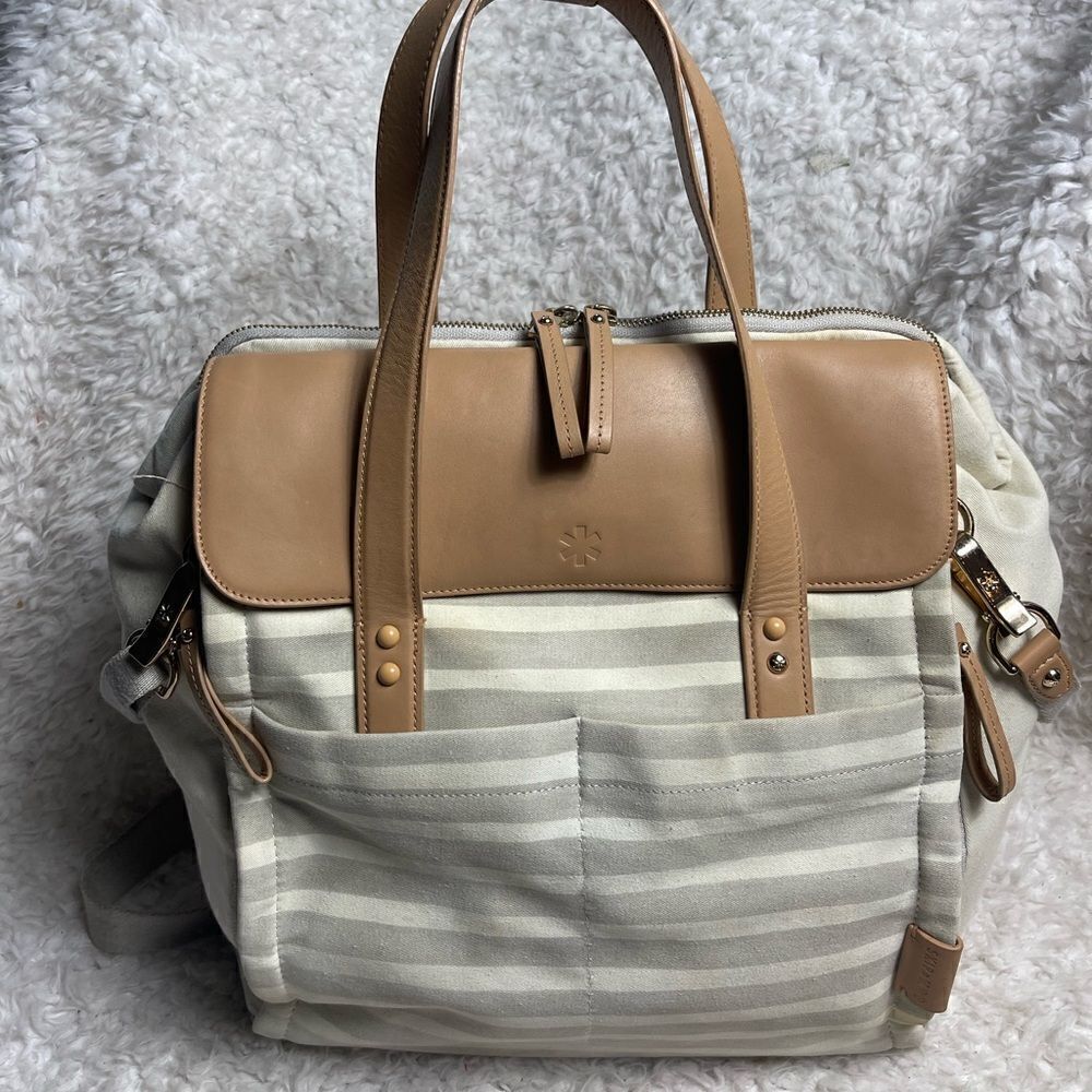 Skip Hop High line convertible Diaper Bag Beige & gray canvas tan leather straps